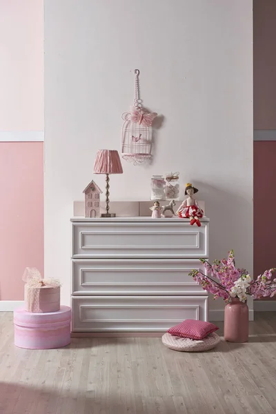Сучасна Рожева Біла Стіна Декоративний Дизайн Інтер Єру Дому Дитячої — стокове фото