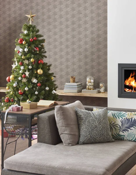 Moderno Salón Decorado Para Navidad Año Nuevo Interior Con Árbol — Foto de Stock