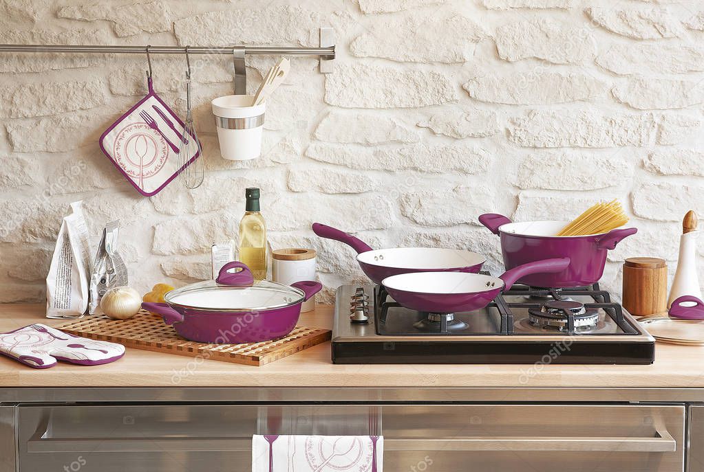Background white table with modern kitchen accessories, interior design