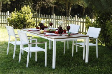 Dekoratif ev bahçesi tarzı, mobilya ve çiçek detayı, durgun hayat..