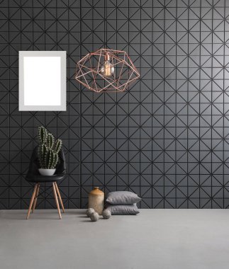 Siyah dokulu duvar ve modern lamba, kaktüs ile siyah sandalye