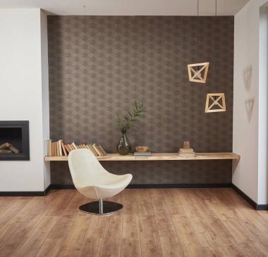 Dekoratif mobilya tasarımlı kahverengi oturma odası konsepti.