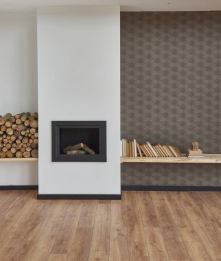 Dekoratif mobilya tasarımlı kahverengi oturma odası konsepti.