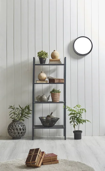 New Modern Shelf Natural White Wooden Wall Vertical Style — Stock Photo, Image