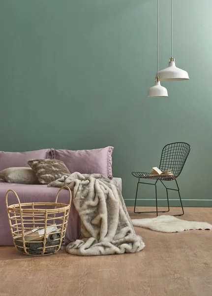 Grande Chambre Style Intérieur Avec Mur Vert Canapé Avec Chaise — Photo