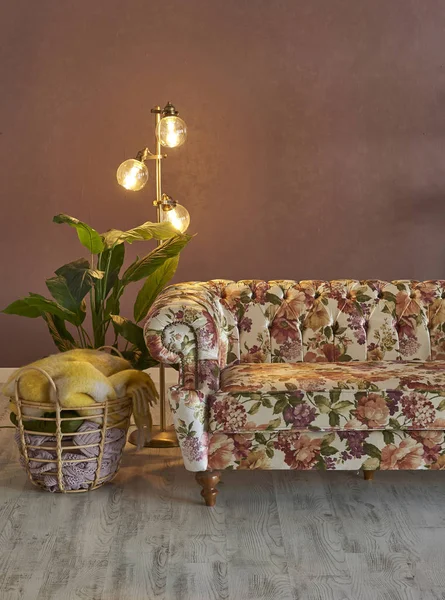 Klassisk Soffa Interiör Med Grön Växt Och Lampa — Stockfoto