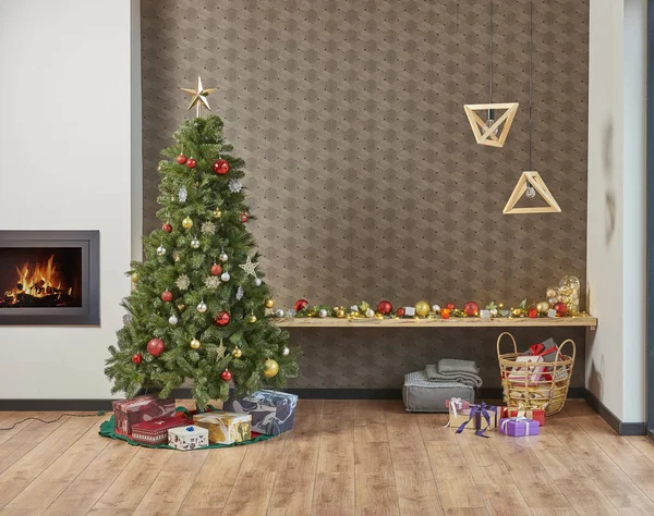 Boże Narodzenie Pokój Dzienny Jodłą Kominkiem Niebieski Sofa — Zdjęcie stockowe