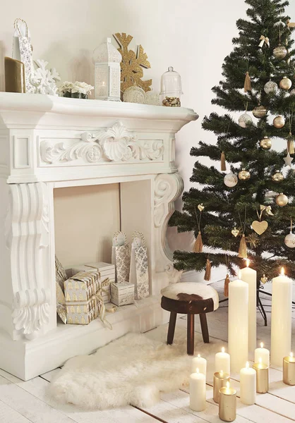 living room and new year concept with tree and ornament style. fireplace  and decorative new year living room