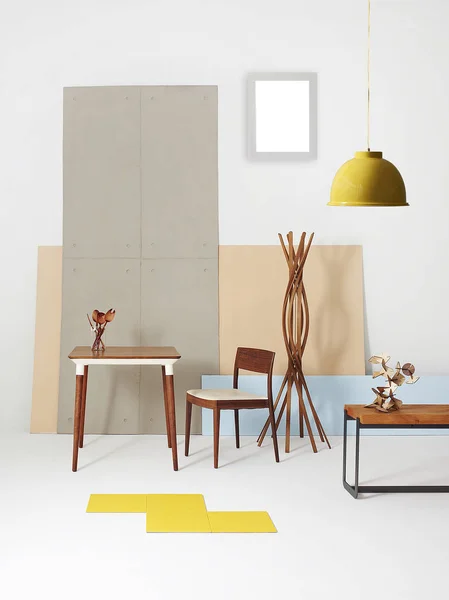 现代室内蓝色地毯和木椅 木墙装饰 现代灯 — 图库照片
