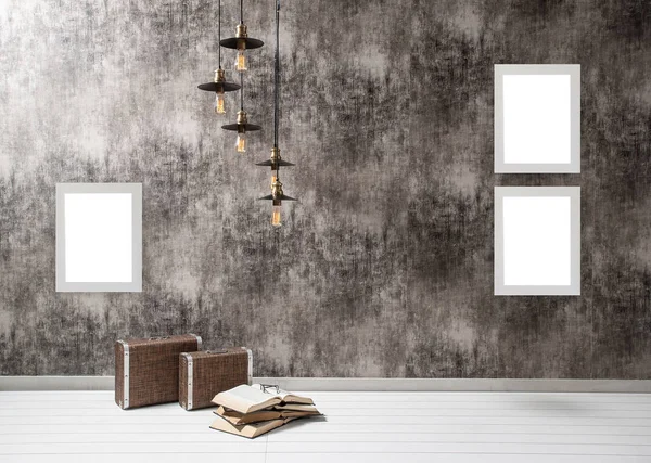 Grey wallpaper room design with suitcase lamp and frame.