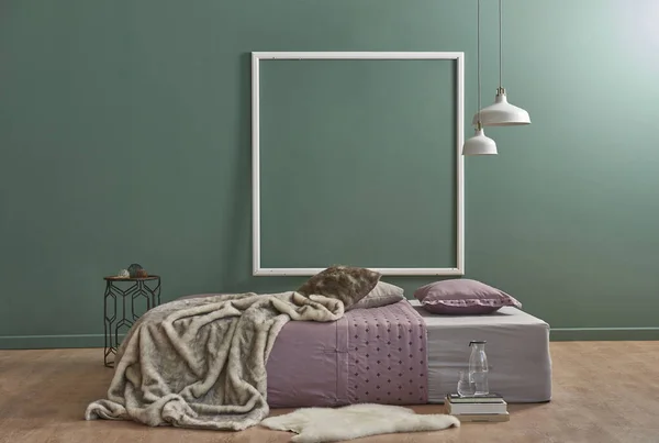 Широка Спальня Новий Стиль Інтер Єру Ліжком Зеленою Стіною Лампами — стокове фото