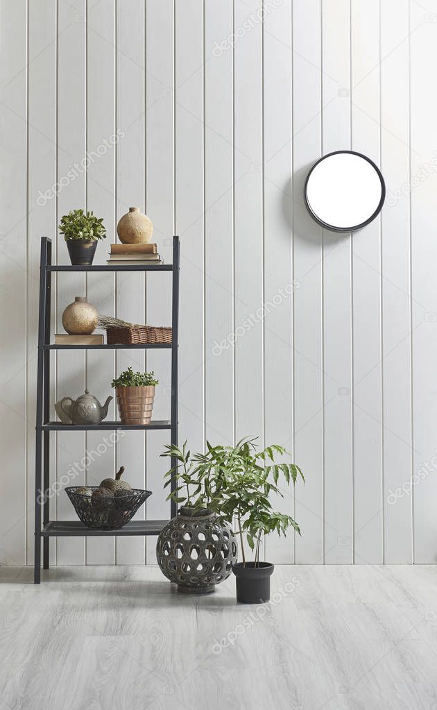 new modern shelf behind natural white wooden wall ,vertical style 
