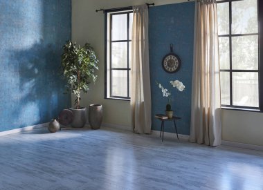 Mavi duvar kağıdı saat lamba sandalye ve kitap, parke, iç mekan tarzı.