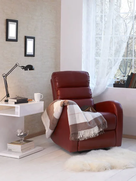 Kırmızı masaj koltuğu. Oturma odası konsepti. Battaniye tarzı..