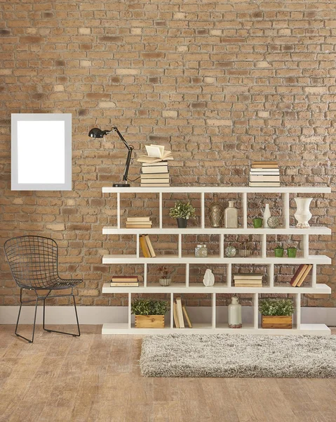 Modern Reading Corner Natural Brick Wall Living Room Interior — Stock Photo, Image