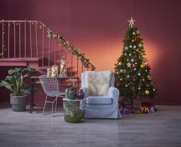 Schöner Weihnachtsbaum Zimmer Konzept Haus Mit Silvester Accessoires — Stockfoto