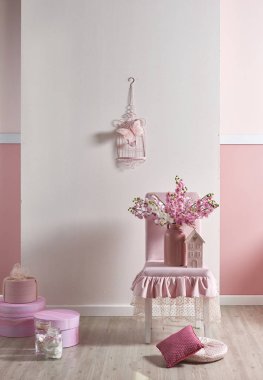 pembe beyaz duvar ve ev ve çocuk odası için dekoratif iç tasarım, yatak odası için tasarımlar
