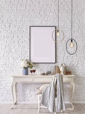 masa, sandalye ve lambalar ile duvar ve konsept iç oda