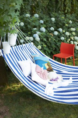 Mavi ve beyaz hamak Bahçede yastıkla