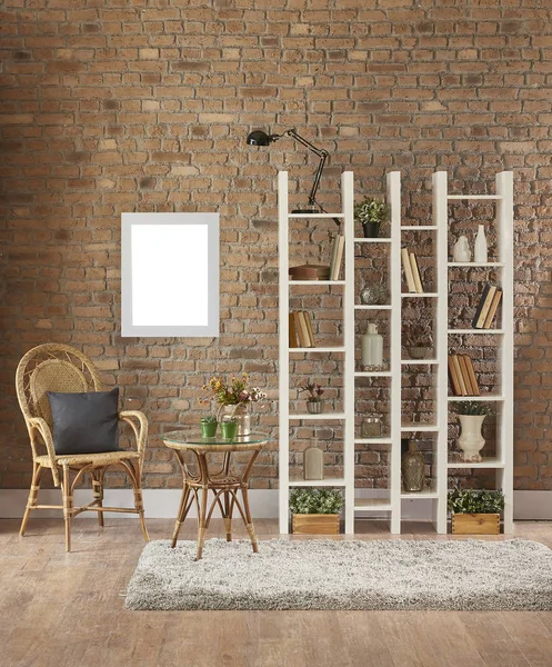 Cuarto Pared Ladrillo Marrón Con Estante Silla Libro Concepto Lámpara —  Fotos de Stock