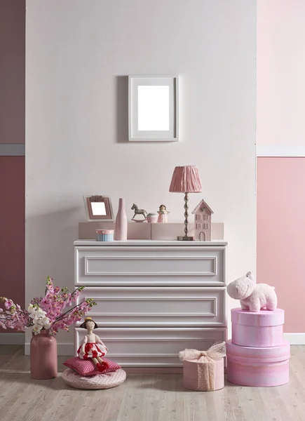 粉红色白色墙壁和装饰室内设计为家居和儿童房 卧室设计 — 图库照片