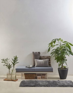 Modern gri oturma odası sandalye kanepe ve dekor.