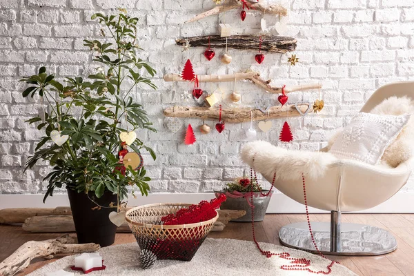 Belo Quarto Decorado Férias Com Árvore Natal Design Interiores Acessórios — Fotografia de Stock