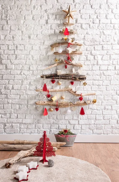 Bella Camera Decorata Vacanza Con Albero Natale Interior Design Accessori — Foto Stock