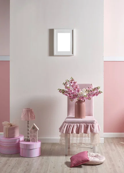 Рожева Біла Стіна Декоративний Дизайн Інтер Єру Дому Дитячої Кімнати — стокове фото