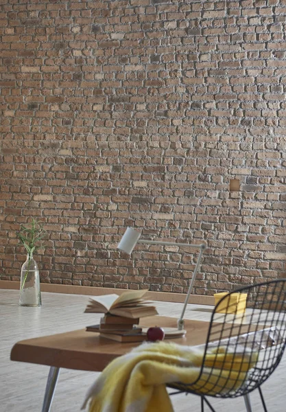 New brown brick wall, living room designed for home office interior and decorative