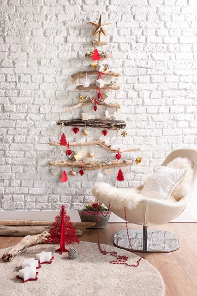 beautiful holiday decorated room with Christmas tree, interior design of colorful accessories