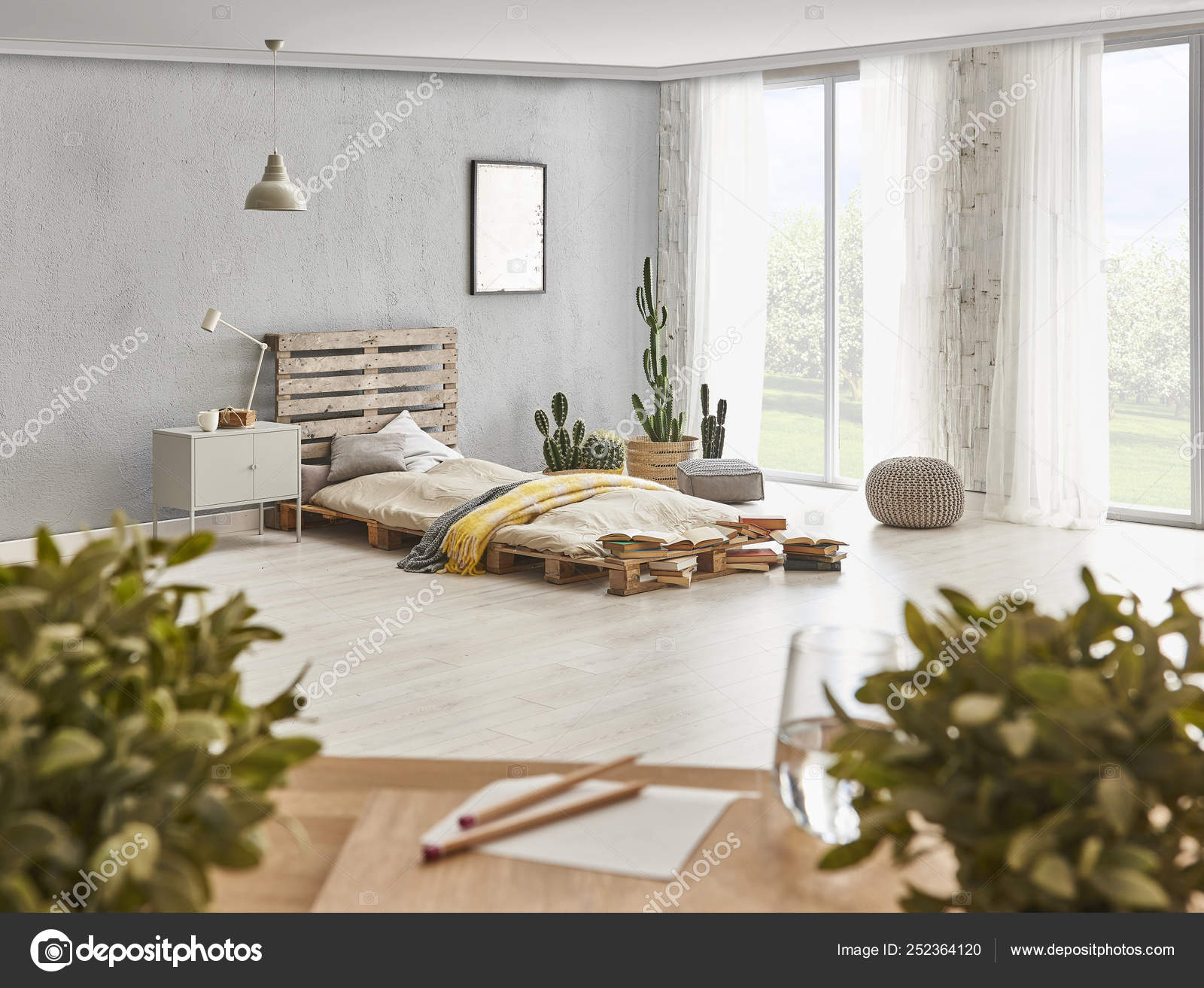 pix Grey Pallet Wall Bedroom bed room grey stone wall wooden pallet style cactuses bed stock photo image by c unitedphotostudio 252364120