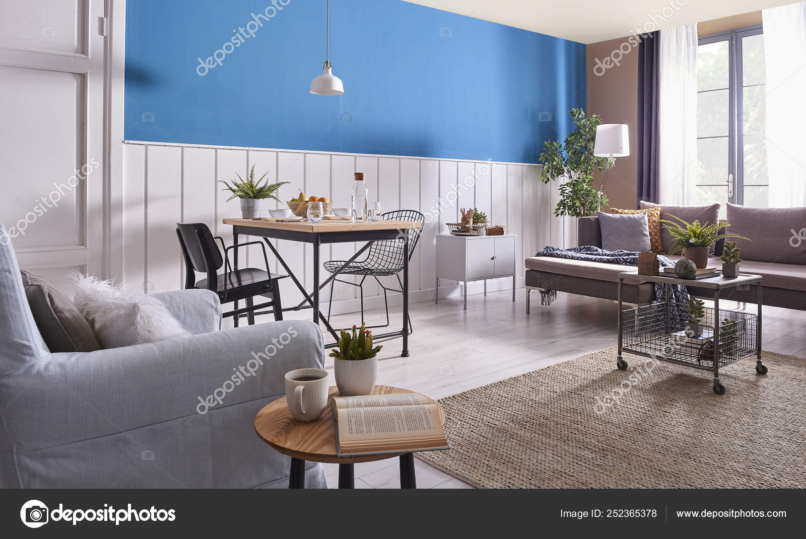 wallpapers Modern Dining Room White Walls modern dining room decoration wooden table black chair blue white stock photo image by c unitedphotostudio 252365378