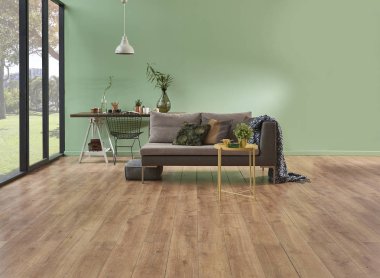 yeşil duvar ve salon. Gri kanepe battaniye ve çiçek vazo ile. Çalışma tablosu ve dekoratif beyaz lamba. Halı için boş alanı