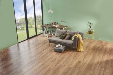 yeşil duvar ve salon. Gri kanepe battaniye ve çiçek vazo ile. Çalışma tablosu ve dekoratif beyaz lamba. Halı için boş alanı