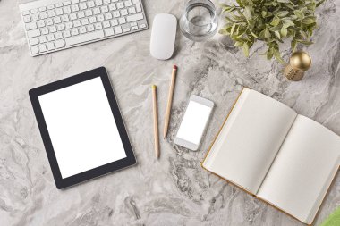 Bitki ve kalem klavye fare dizüstü vazo ile gri mermer teknolojik araç tablet ve telefon