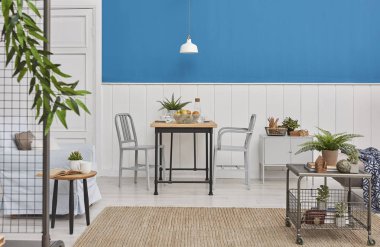 Modern yemek odası dekorasyon, ahşap masa ve siyah sandalye. Mavi ve beyaz duvar arka plan. Klasik duvar detay. Gri mobilya, orta masa, kanepe ve mavi koltuk. Hasır halı ve beyaz lamba.