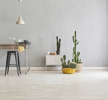 Gri taş duvar arka plan, gri iç oda, Modern ev, kaktüsler. Odadaki ev eşyaları ve parke detayı