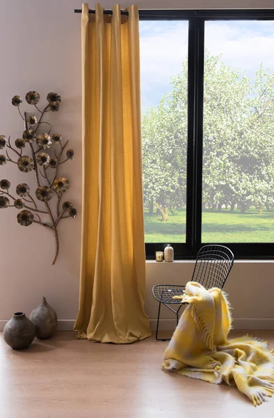 orange curtains and windows in room