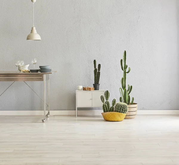 Gri taş duvar arka plan, gri iç oda, Modern ev, kaktüsler. Odadaki ev eşyaları ve parke detayı
