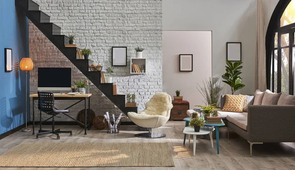 Modern living room, white brick wall, wooden desk and desktop , black stair, carpet sofa in  interior.