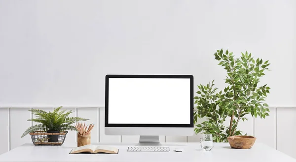 Modern desktop and computer screen isolated on background