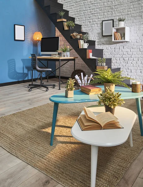 Modern living room, white brick wall, wooden desk and desktop , black stair, carpet sofa in  interior.