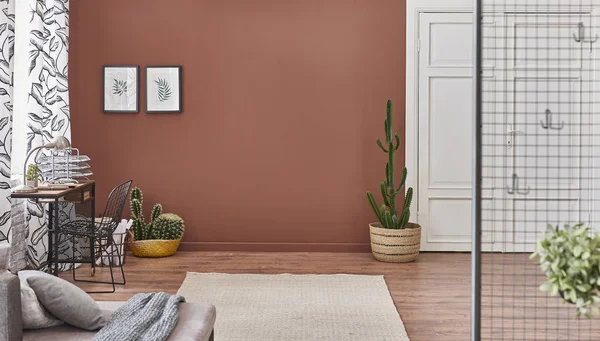 Braune Wohnzimmerwand Und Hintergrund Dekorative Eckzimmer Mit Grünen Pflanzen — Stockfoto