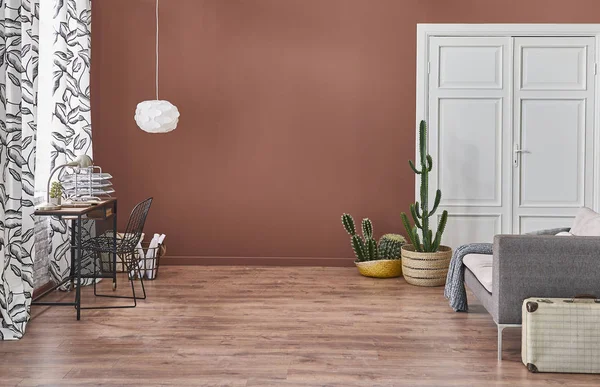 Brown Sala Estar Parede Fundo Decorativa Sala Canto Com Plantas — Fotografia de Stock