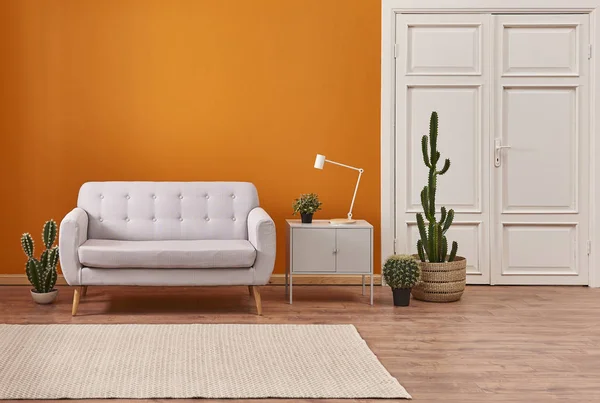 オレンジ色の壁と灰色のソファー 植物が付いている内部部屋 — ストック写真