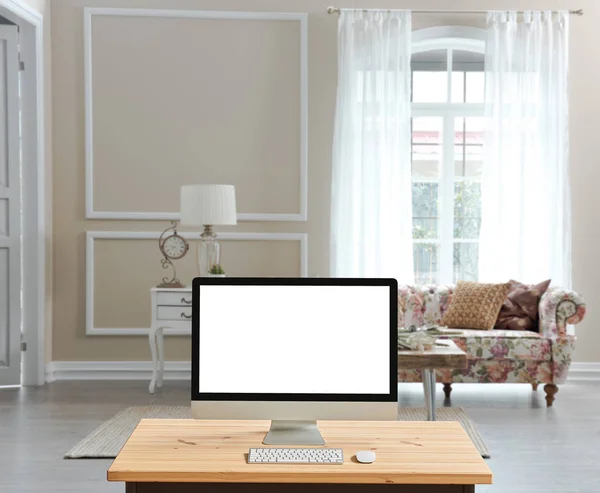 Close up computer screen ,decorative modern interior room, home decoration