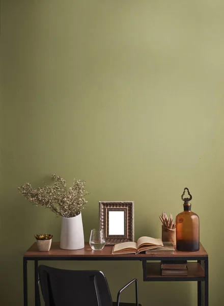 Mesa Decorativa Estilo Mesa Vaso Planta Moldura Vidro Água Livro — Fotografia de Stock