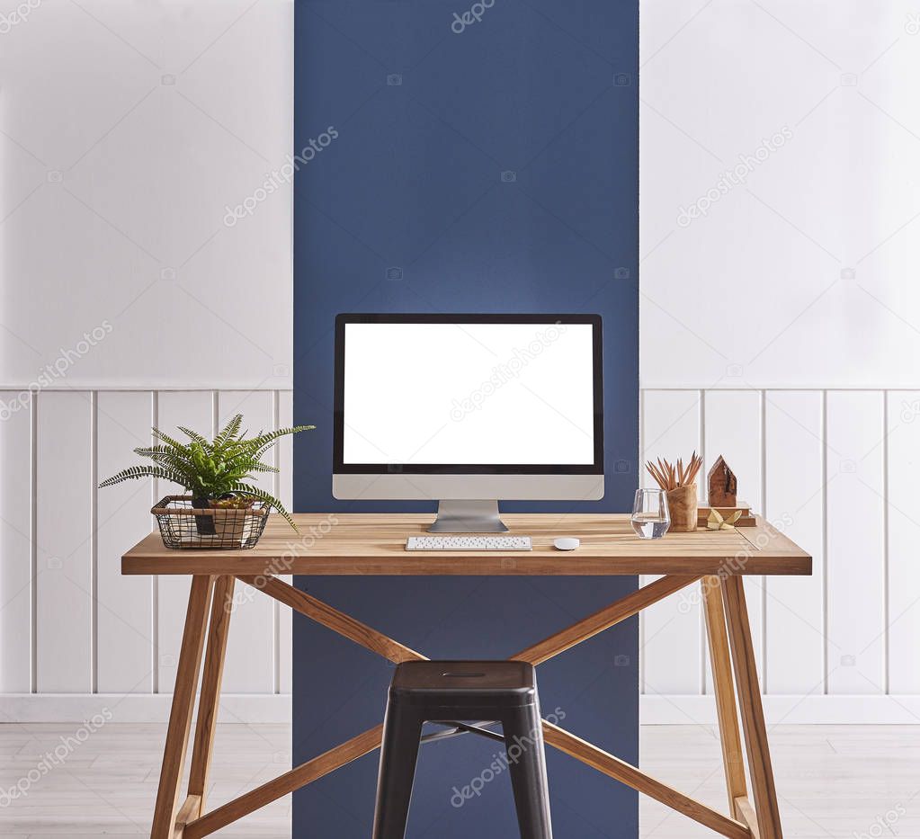 Computer screen in the modern room and decorative living room style. White isolated computer screen.