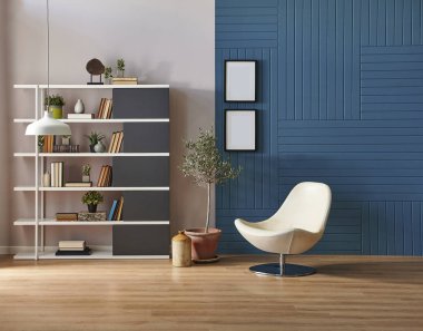 Dekoratif mavi oda, beyaz duvar, bitki kitabı ve çerçeve tasarımı vazosu iç mimari tarzı.